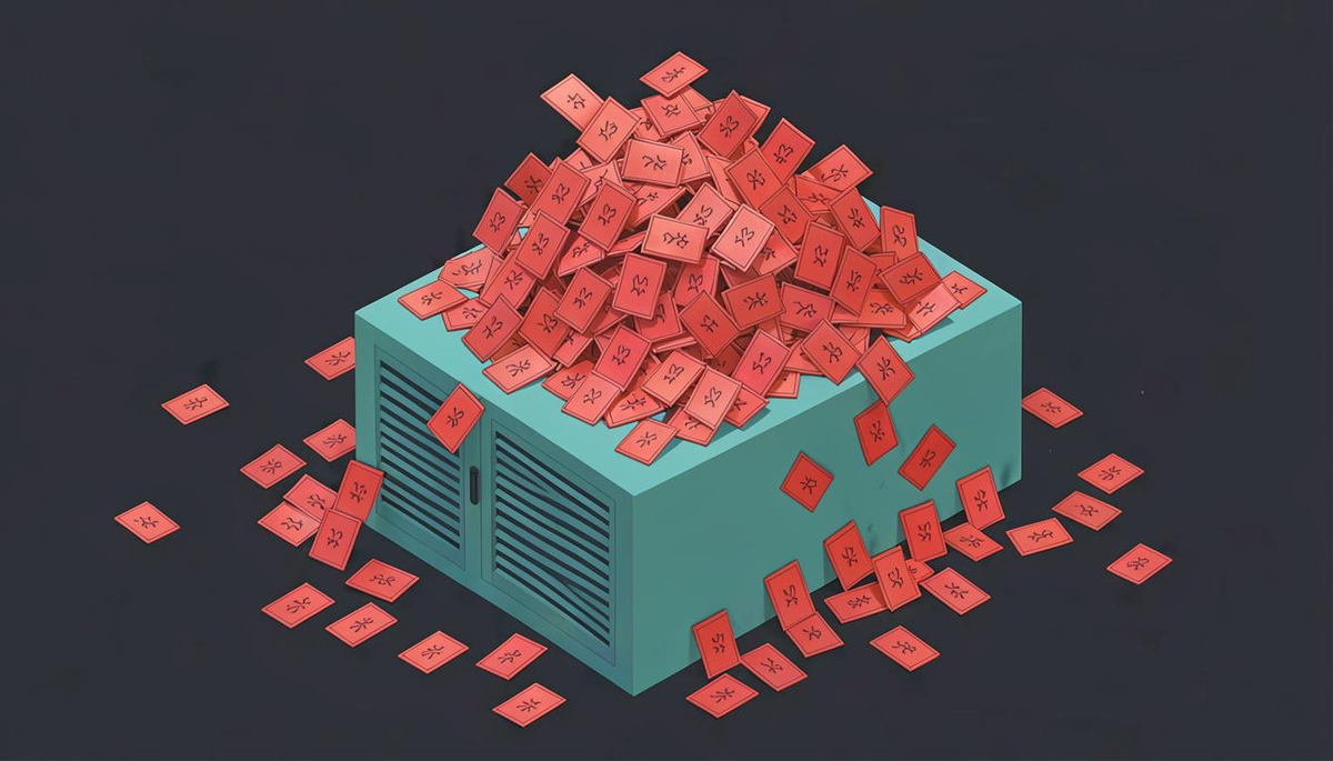 A teal server buried under an avalanche of red packets, with more spilling onto the floor