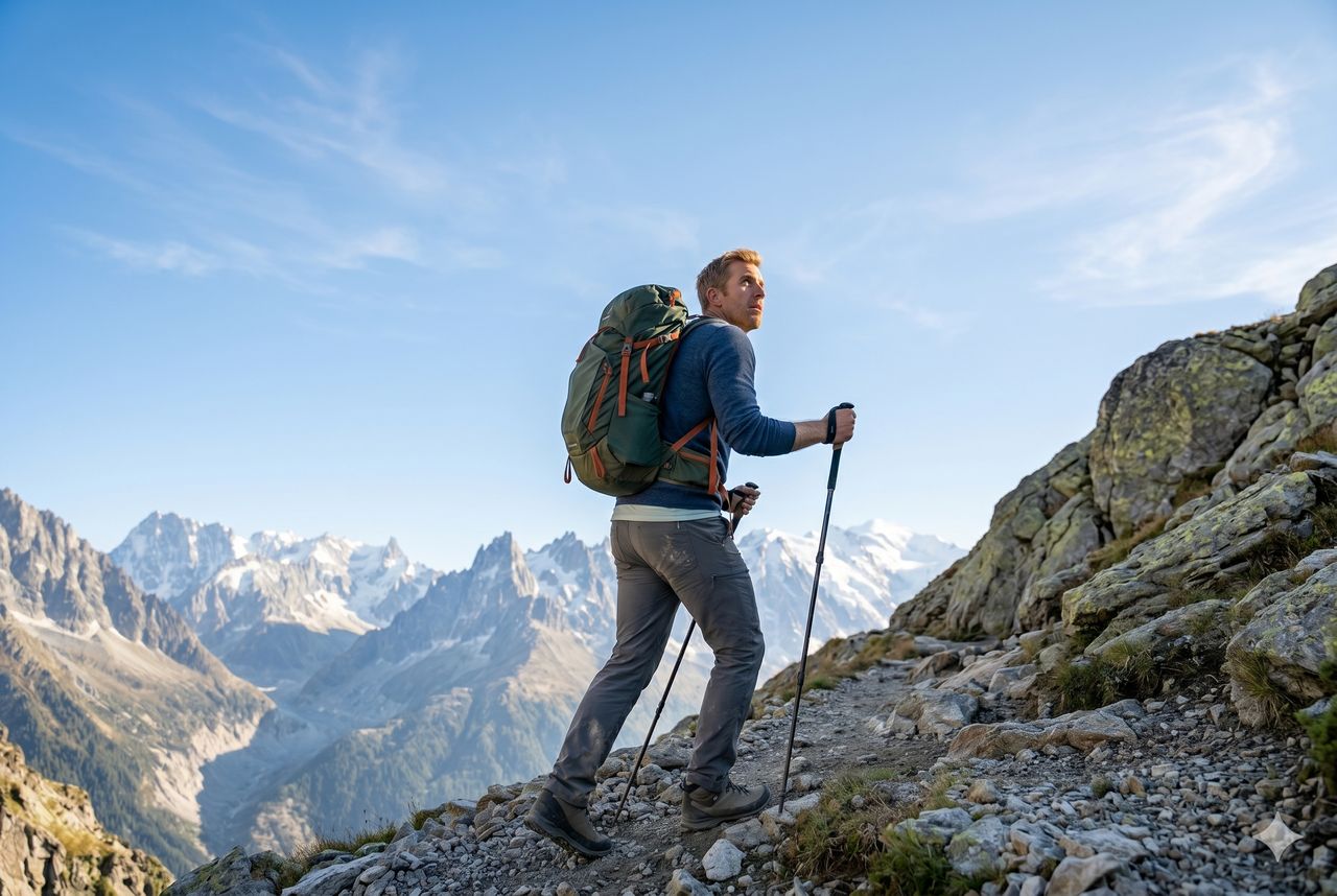 A hiker pausing on a high mountain trail