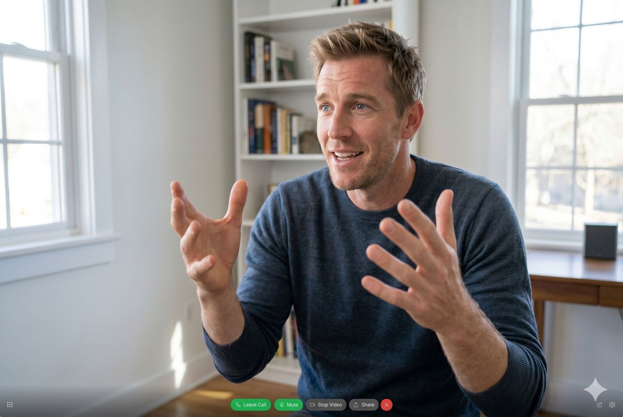 A person mid-conversation on a live video call