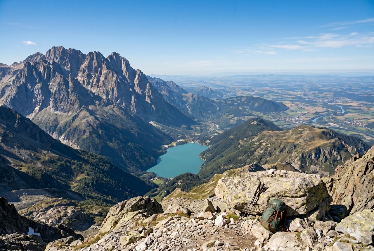 A sweeping alpine mountain vista above a lake